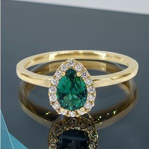 Genuine 10KT Yellow Gold Ring, Size 7, Green CZ Stone 4x5mm, Elegant 1.5mm Band